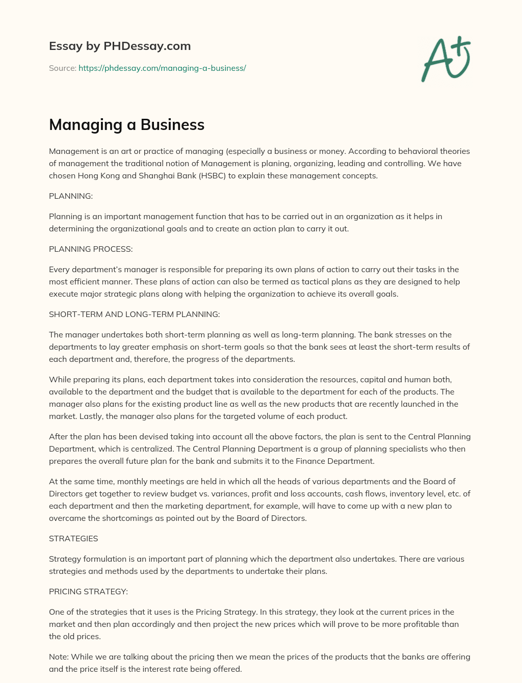 managing a business essay