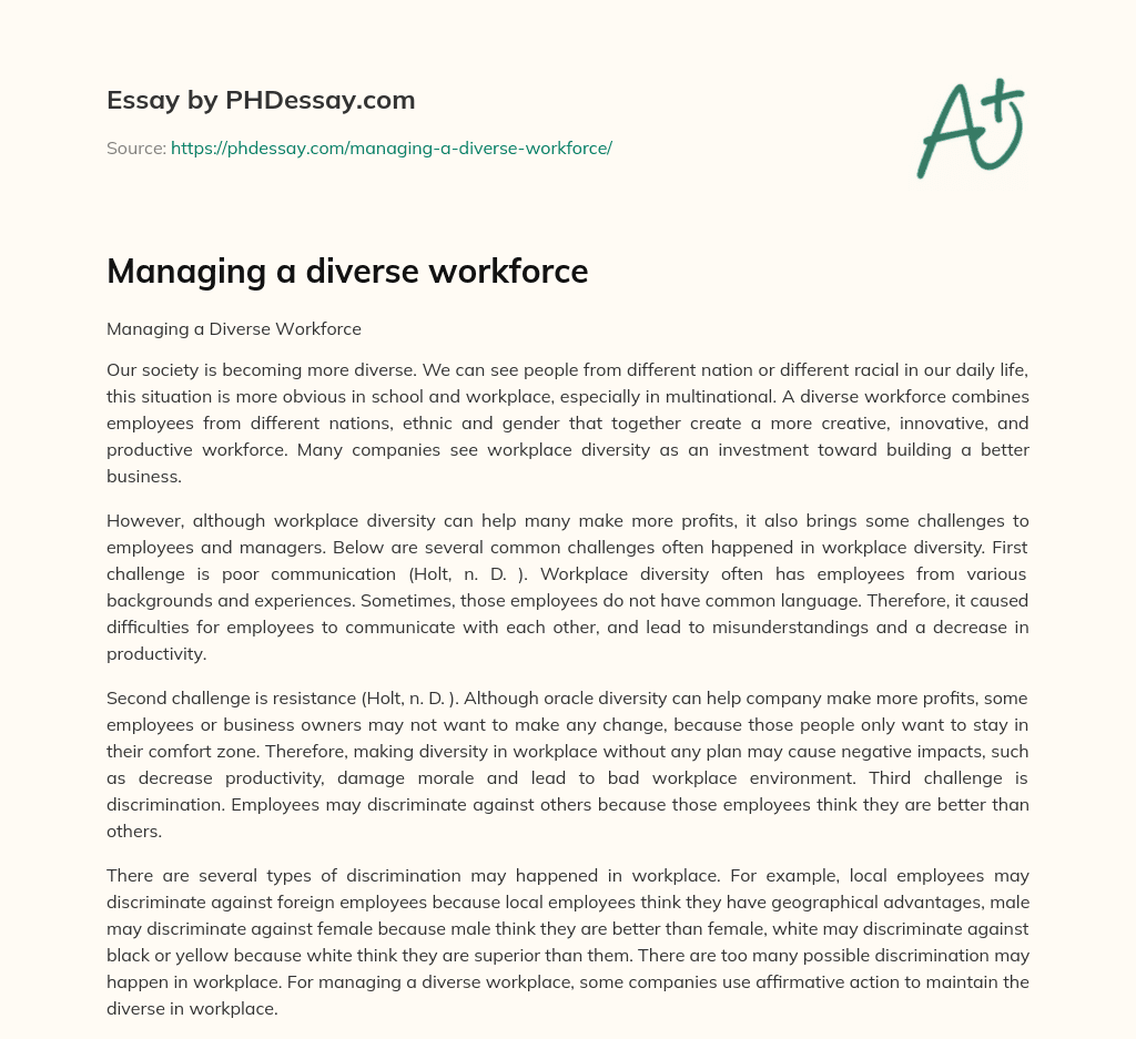 Managing a diverse workforce essay