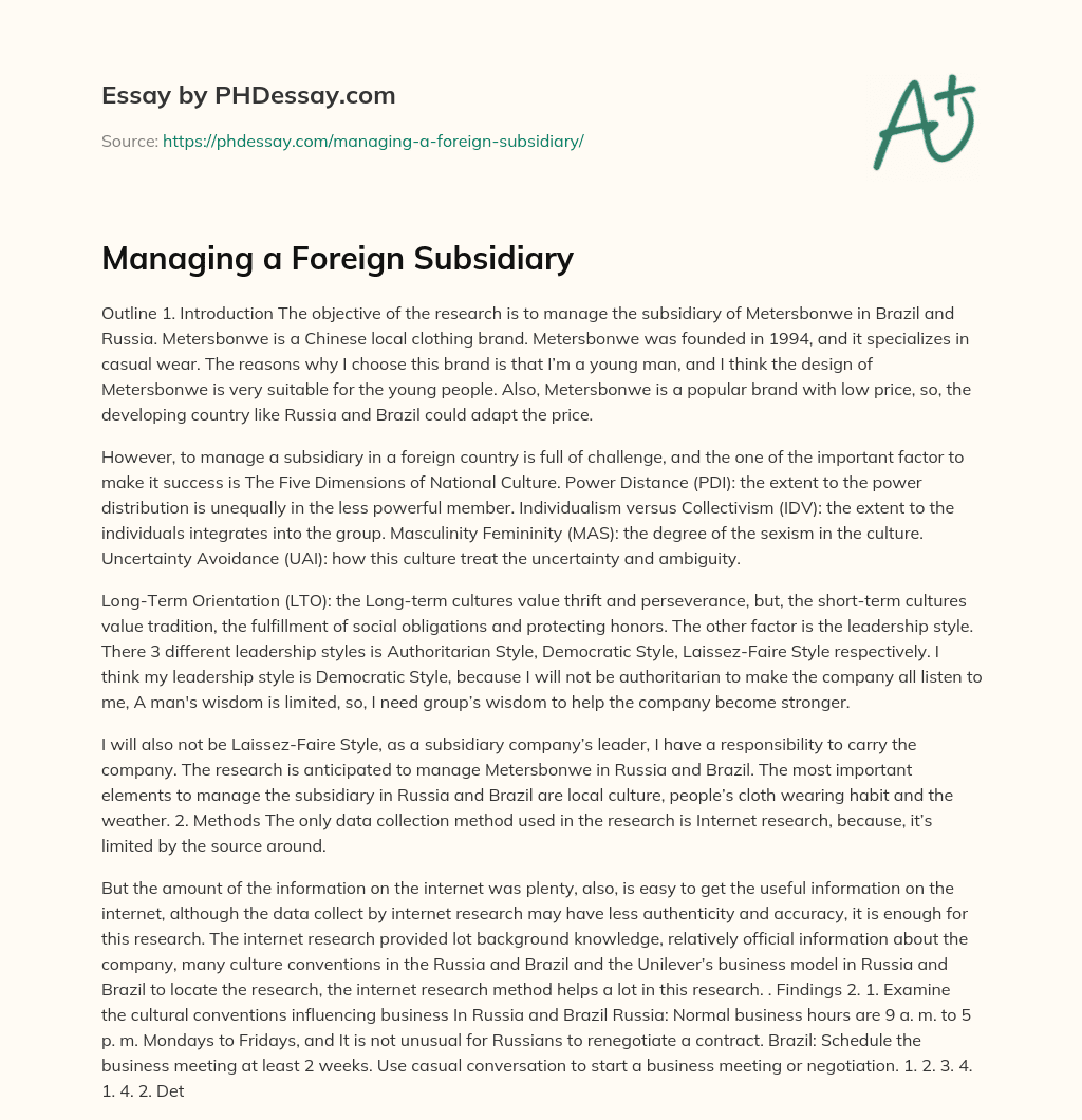 Managing a Foreign Subsidiary essay