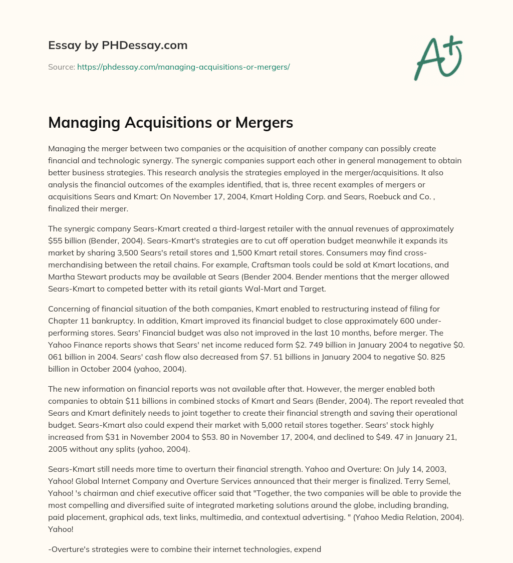 Managing Acquisitions or Mergers essay