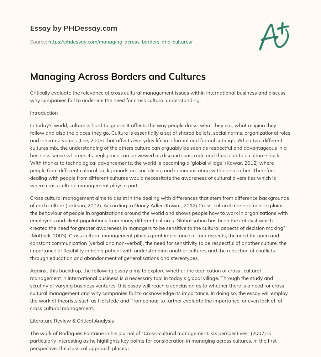 Managing Across Borders and Cultures essay