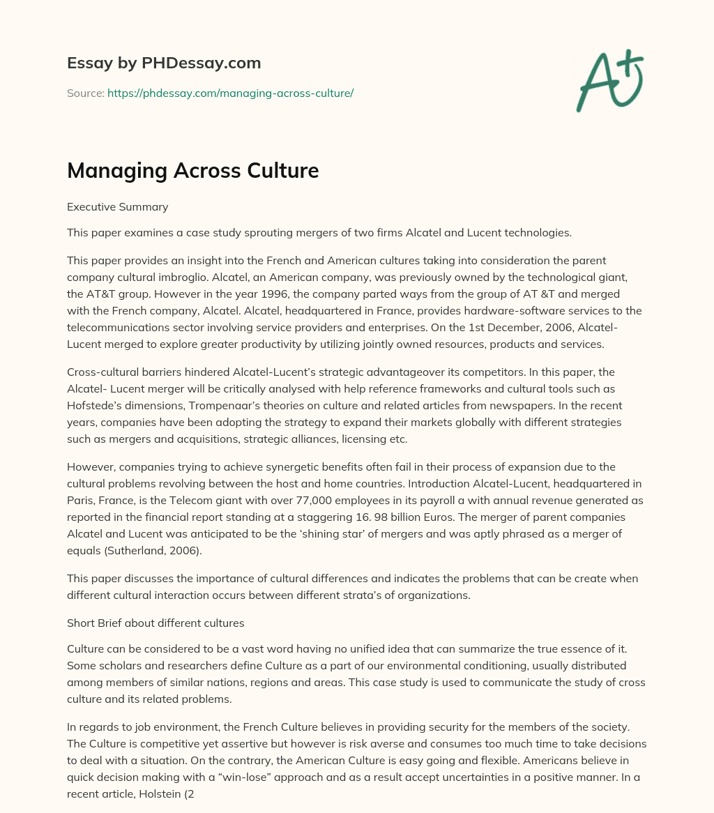 Managing Across Culture essay
