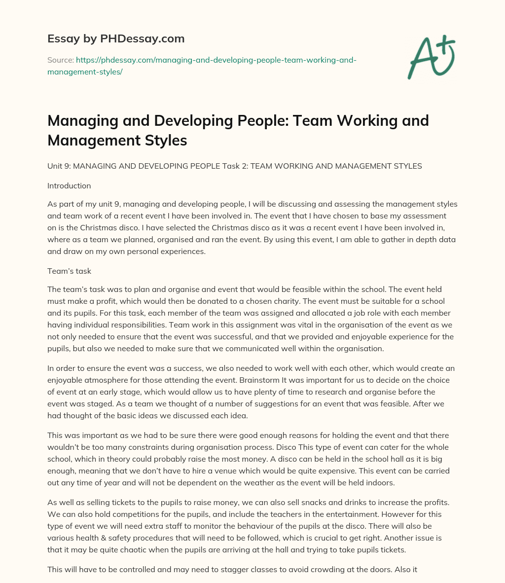 Managing and Developing People: Team Working and Management Styles essay