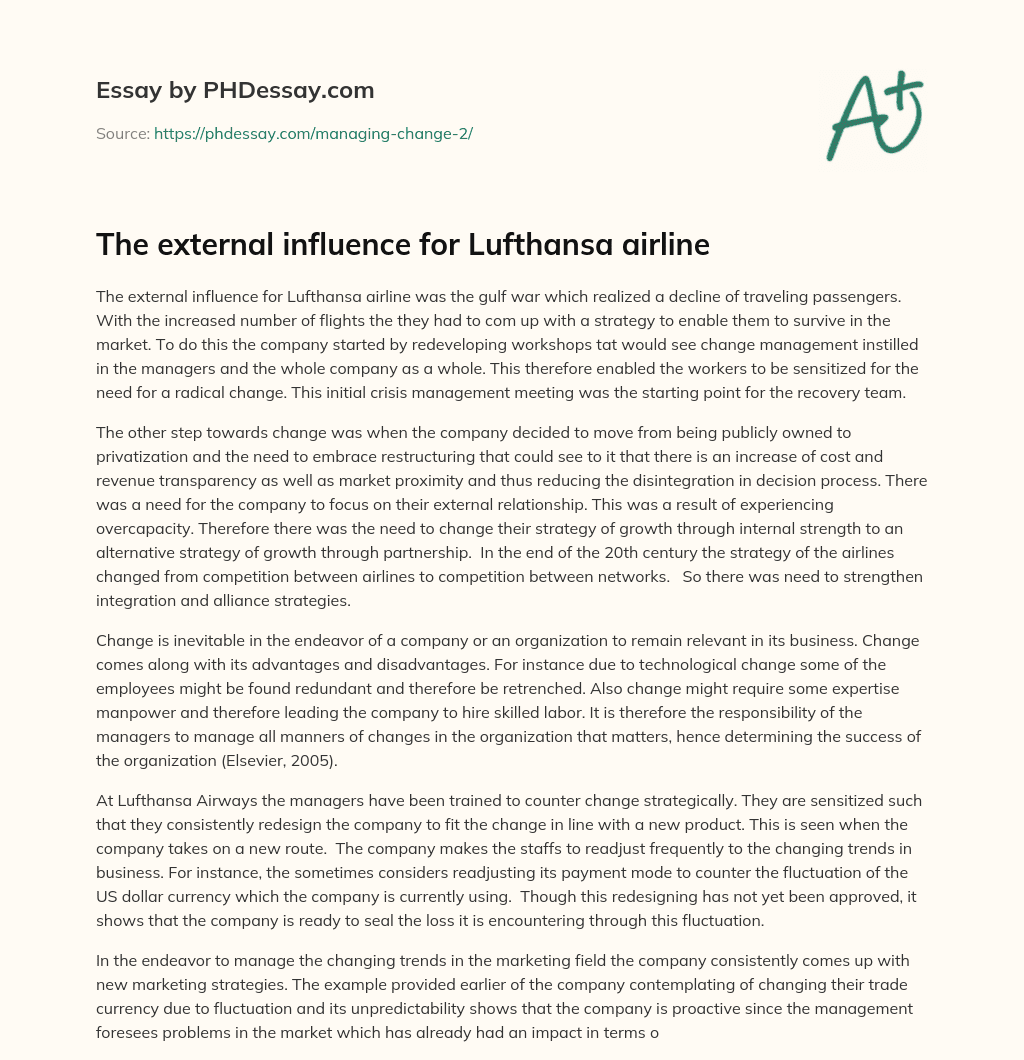 The external influence for Lufthansa airline essay