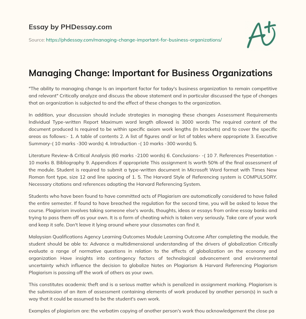 Managing Change: Important for Business Organizations essay