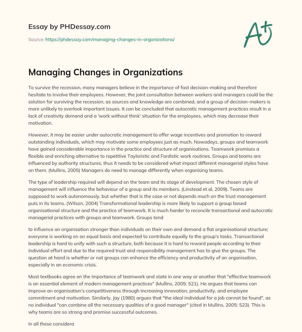 Managing Changes in Organizations essay