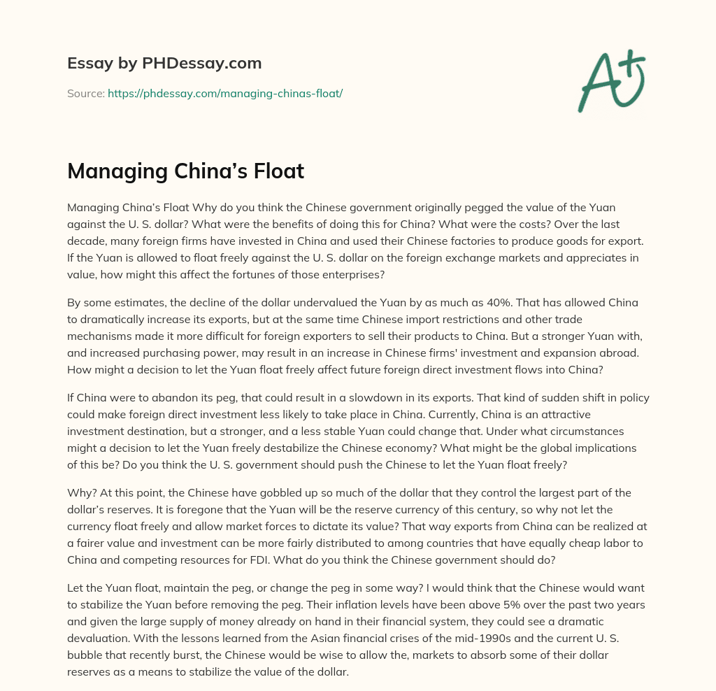 Managing China’s Float essay