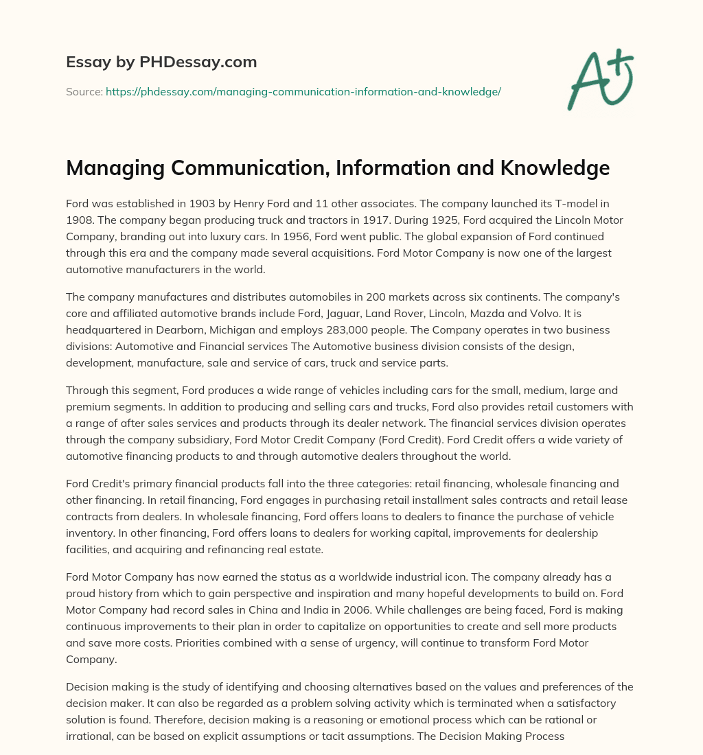 Managing Communication, Information and Knowledge essay