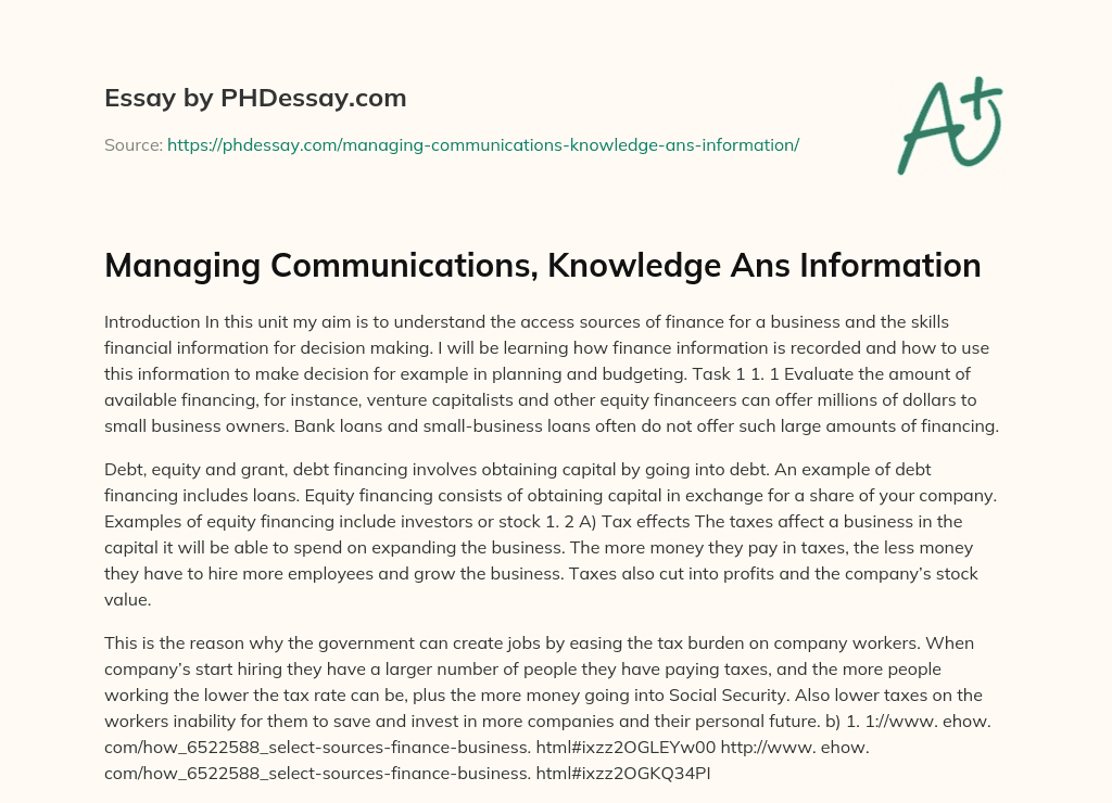 Managing Communications, Knowledge Ans Information essay