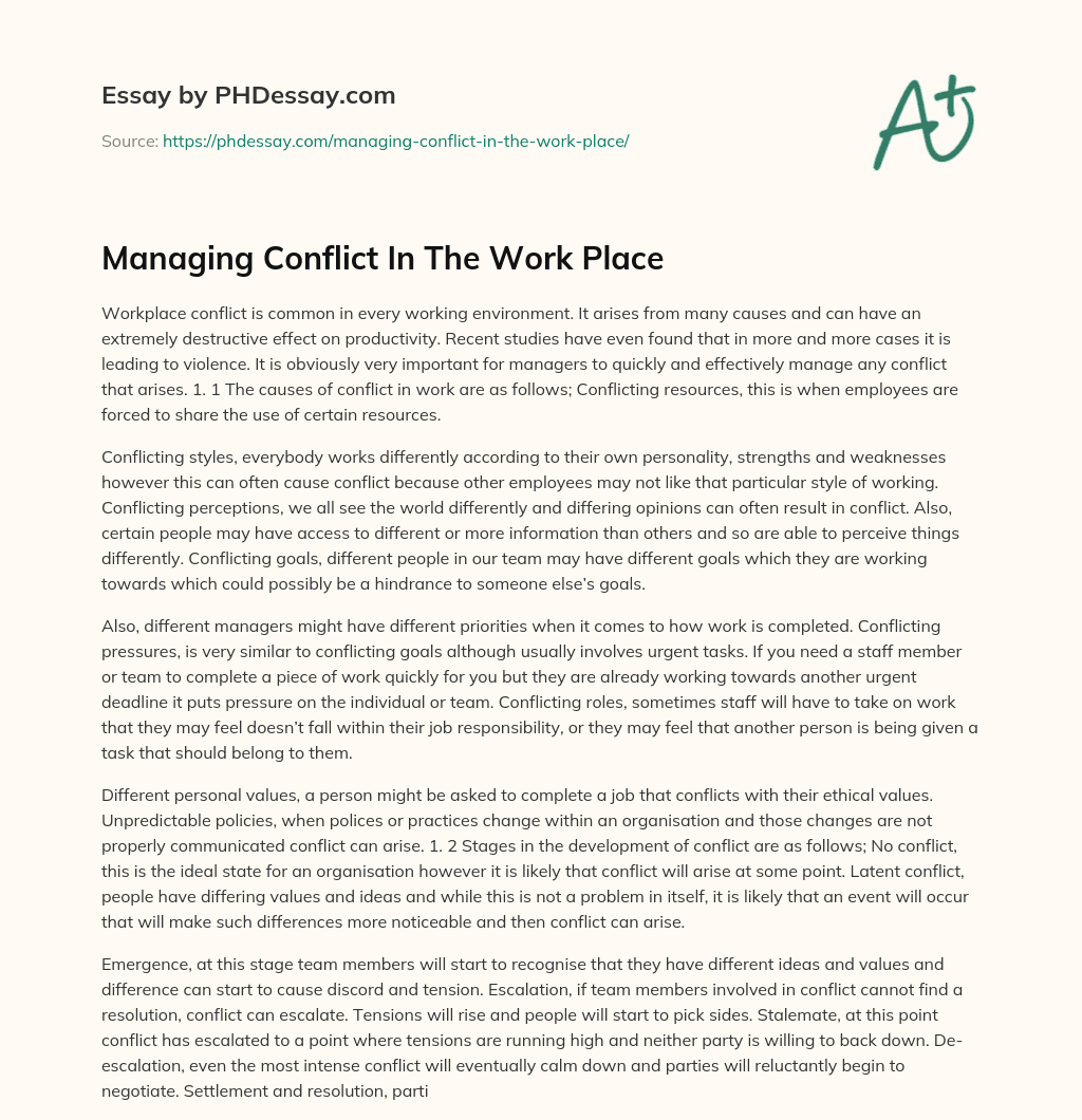 Managing Conflict In The Work Place essay
