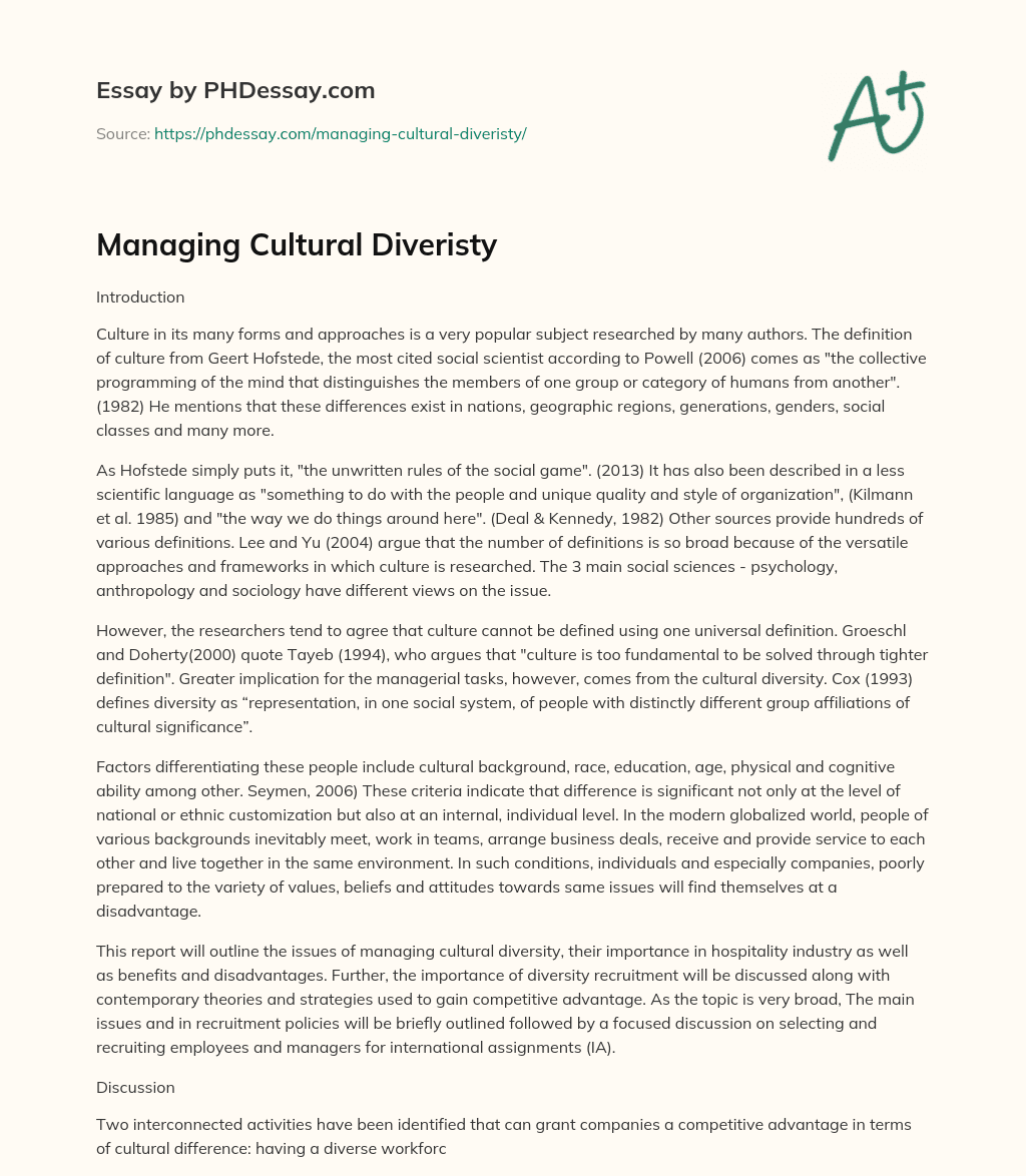 Managing Cultural Diveristy essay