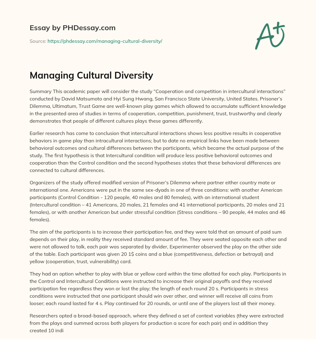 Managing Cultural Diversity essay