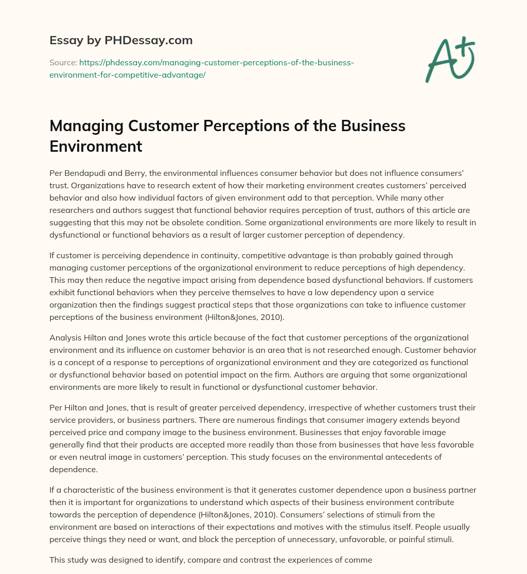 Managing Customer Perceptions of the Business Environment essay