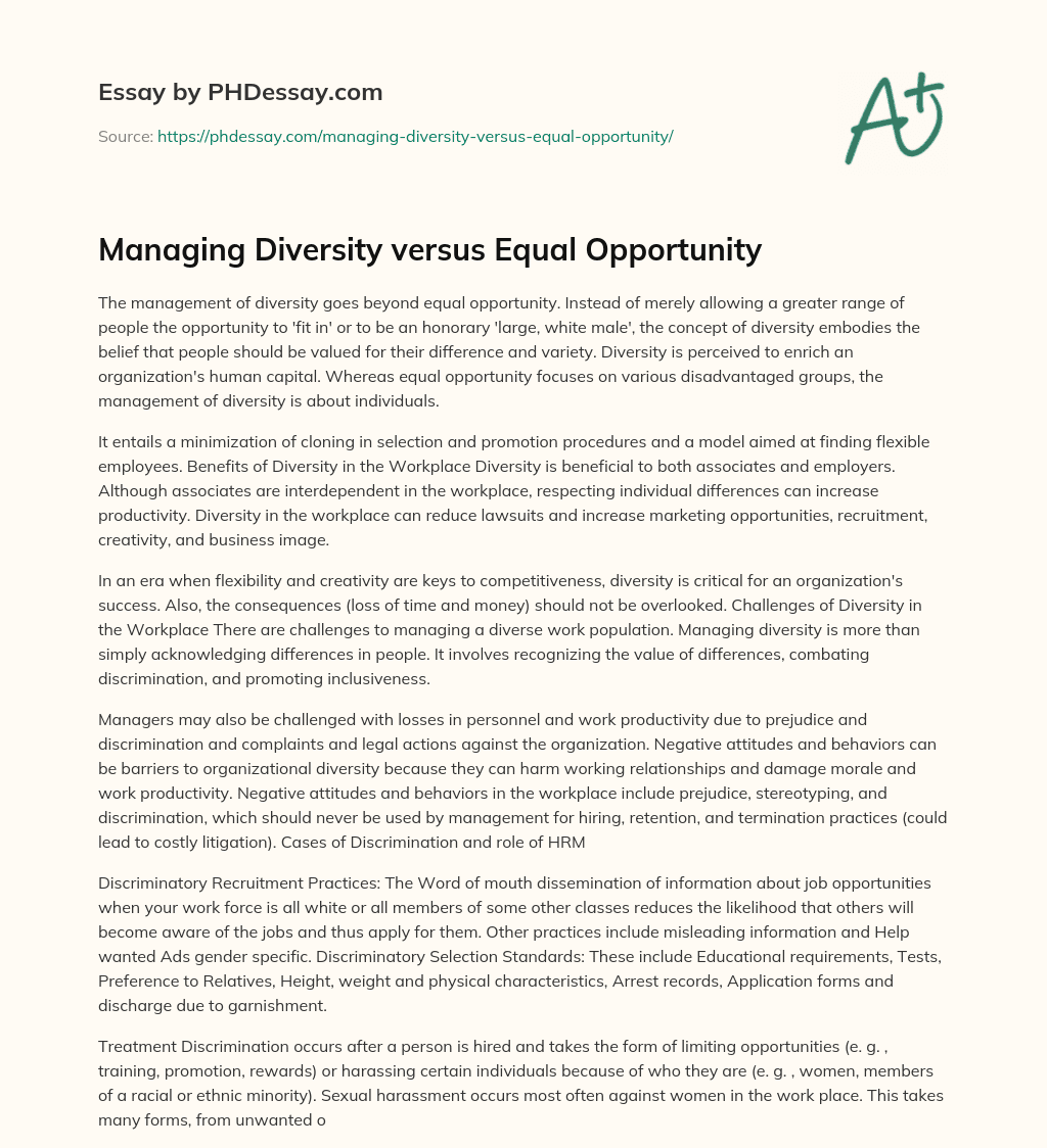 Managing Diversity versus Equal Opportunity essay