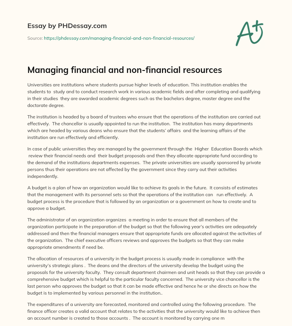 Managing financial and non-financial resources essay