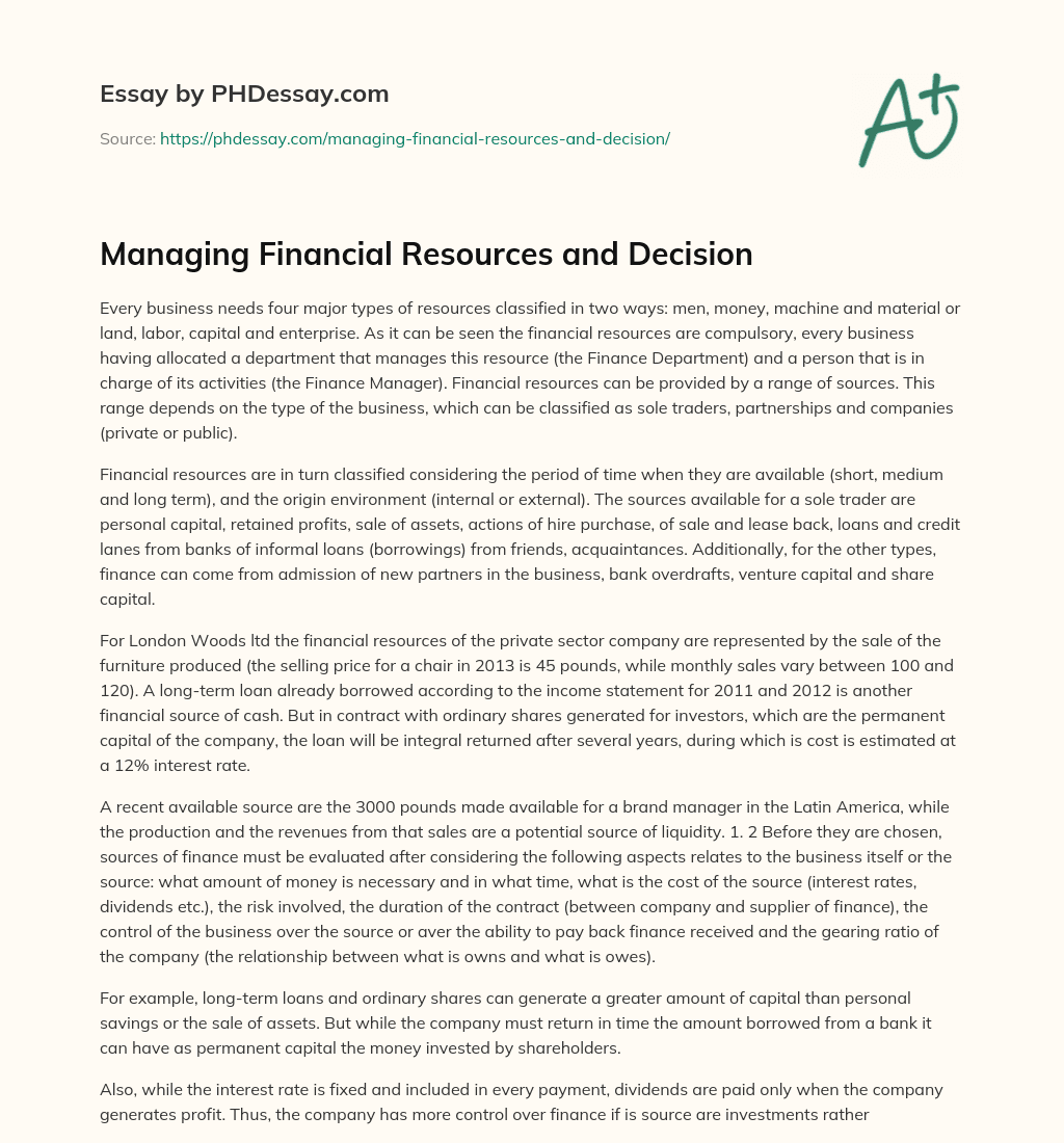 Managing Financial Resources and Decision essay