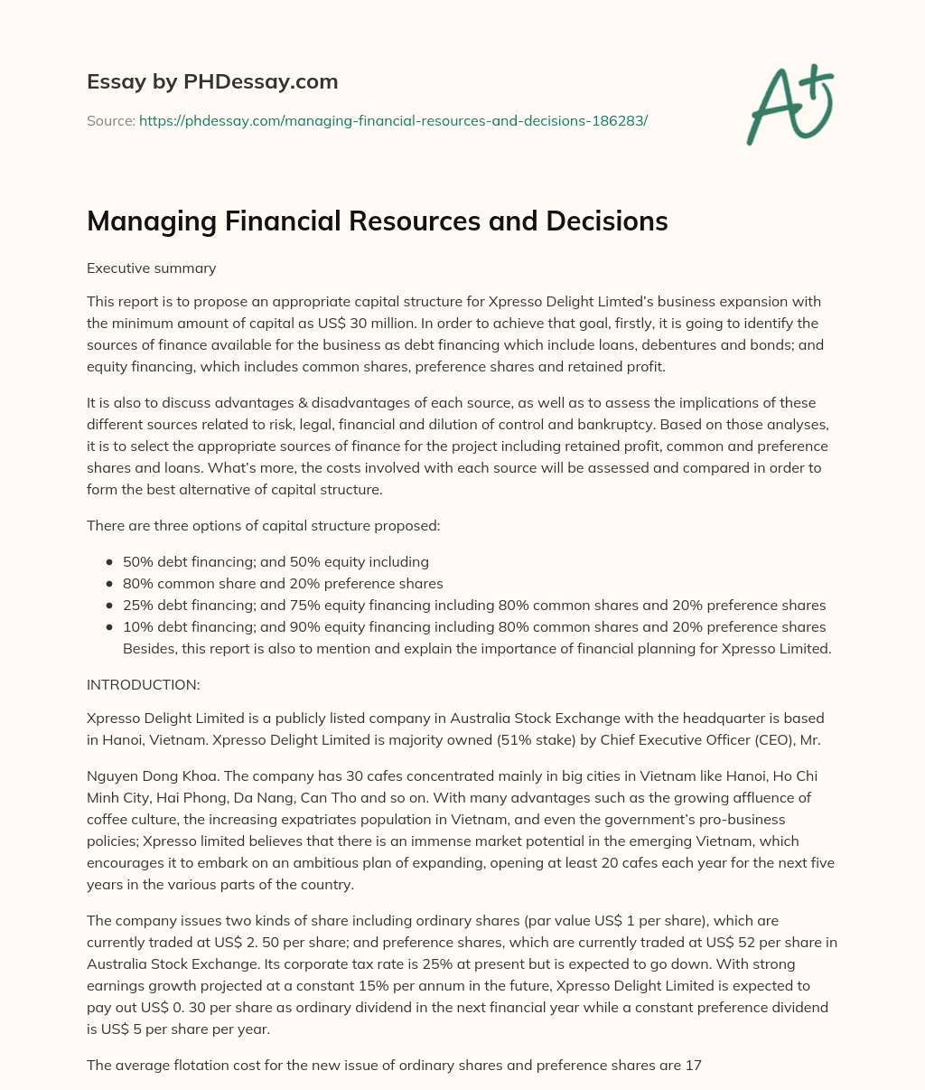 Managing Financial Resources and Decisions essay