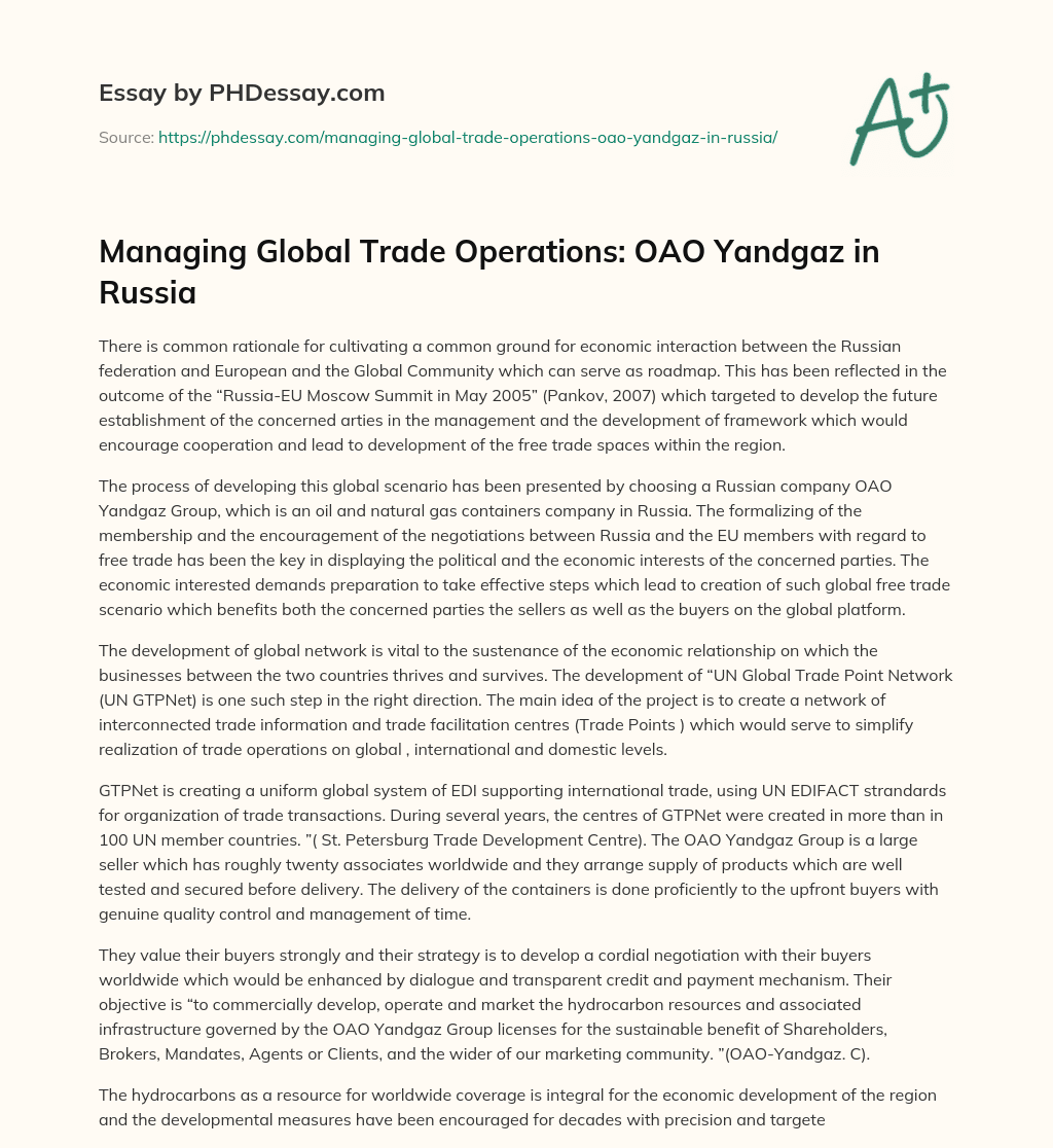 Managing Global Trade Operations: OAO Yandgaz in Russia essay
