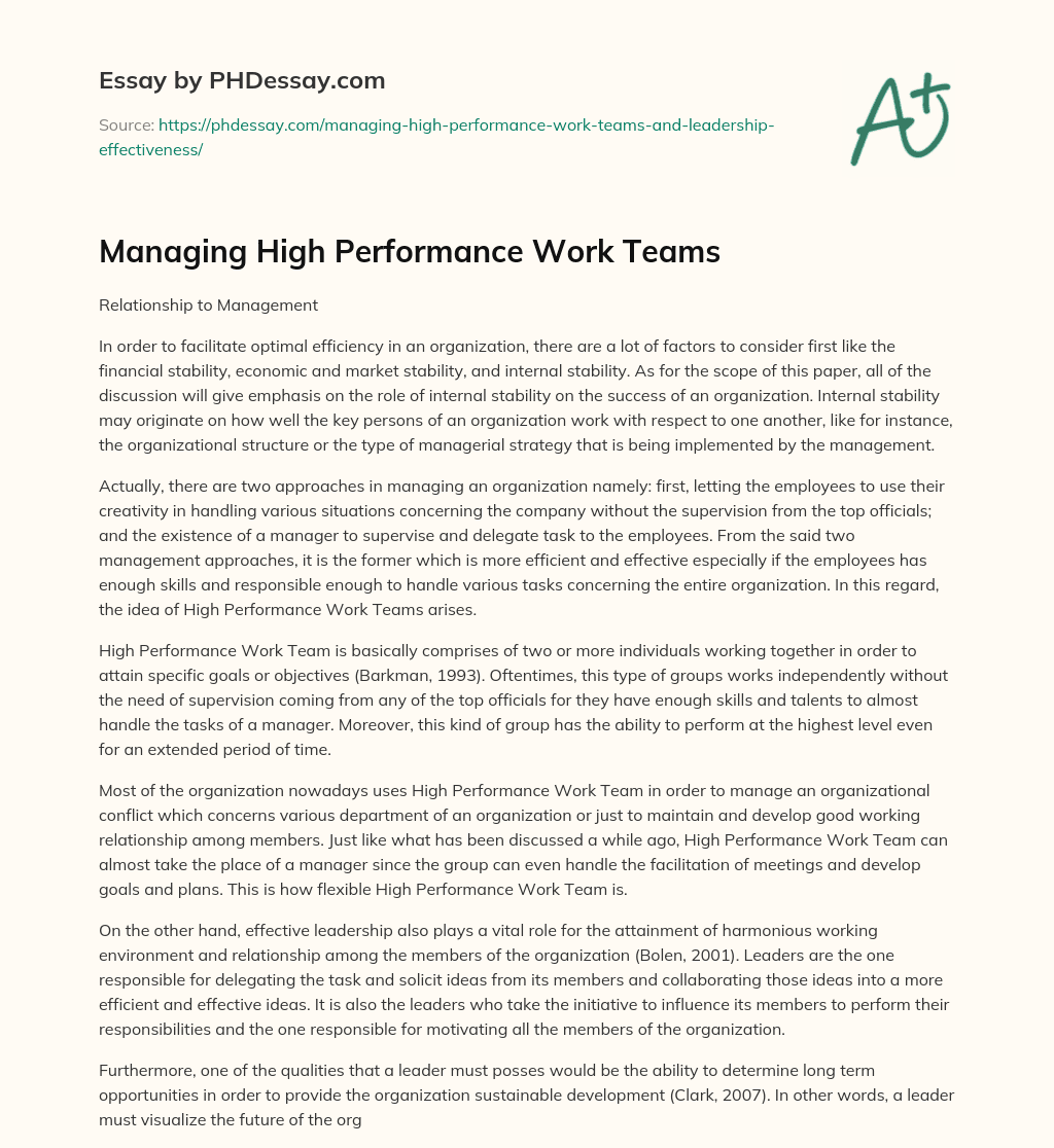 Managing High Performance Work Teams essay