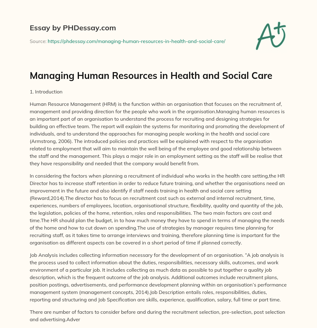 Managing Human Resources in Health and Social Care essay