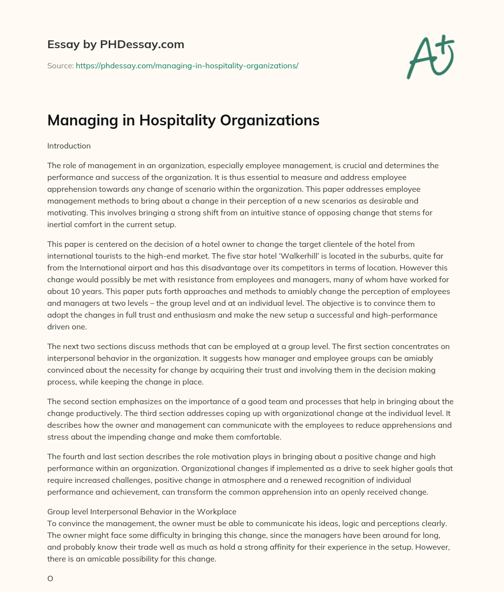 Managing in Hospitality Organizations essay