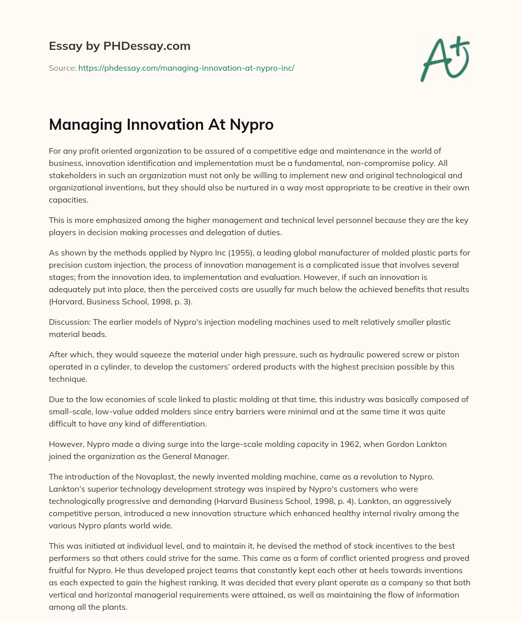 Managing Innovation At Nypro essay