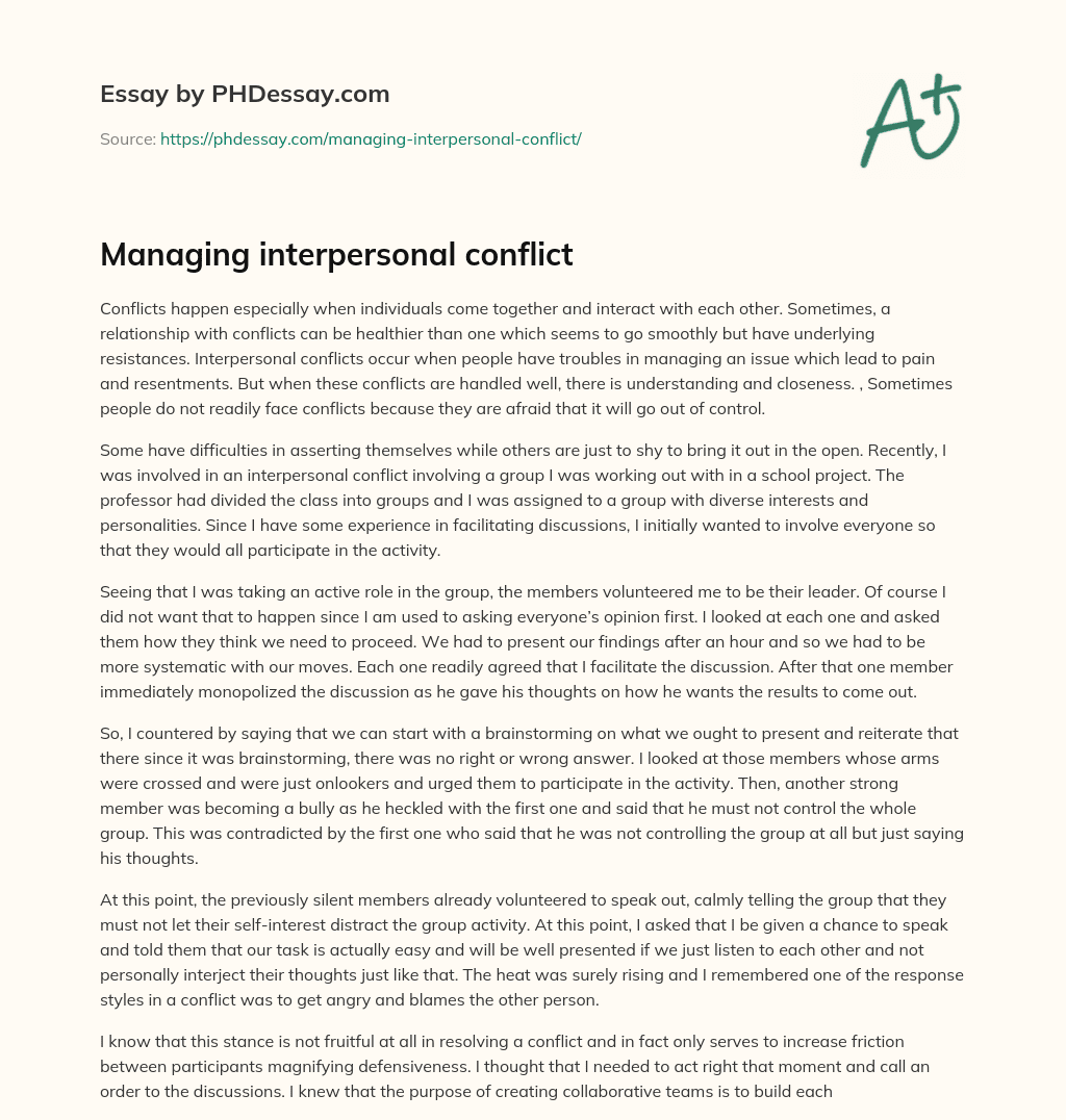 Managing interpersonal conflict essay