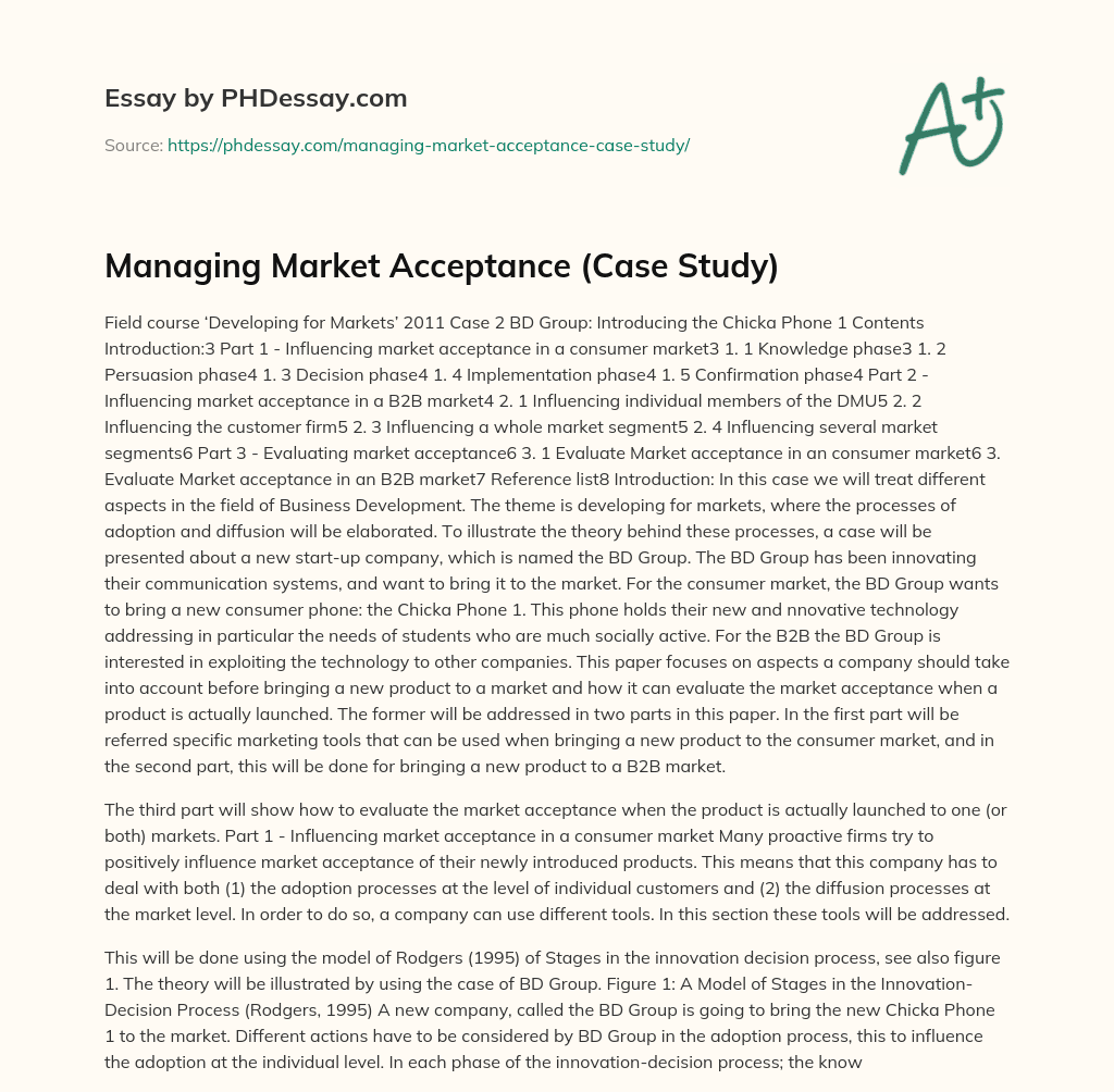Managing Market Acceptance (Case Study) essay