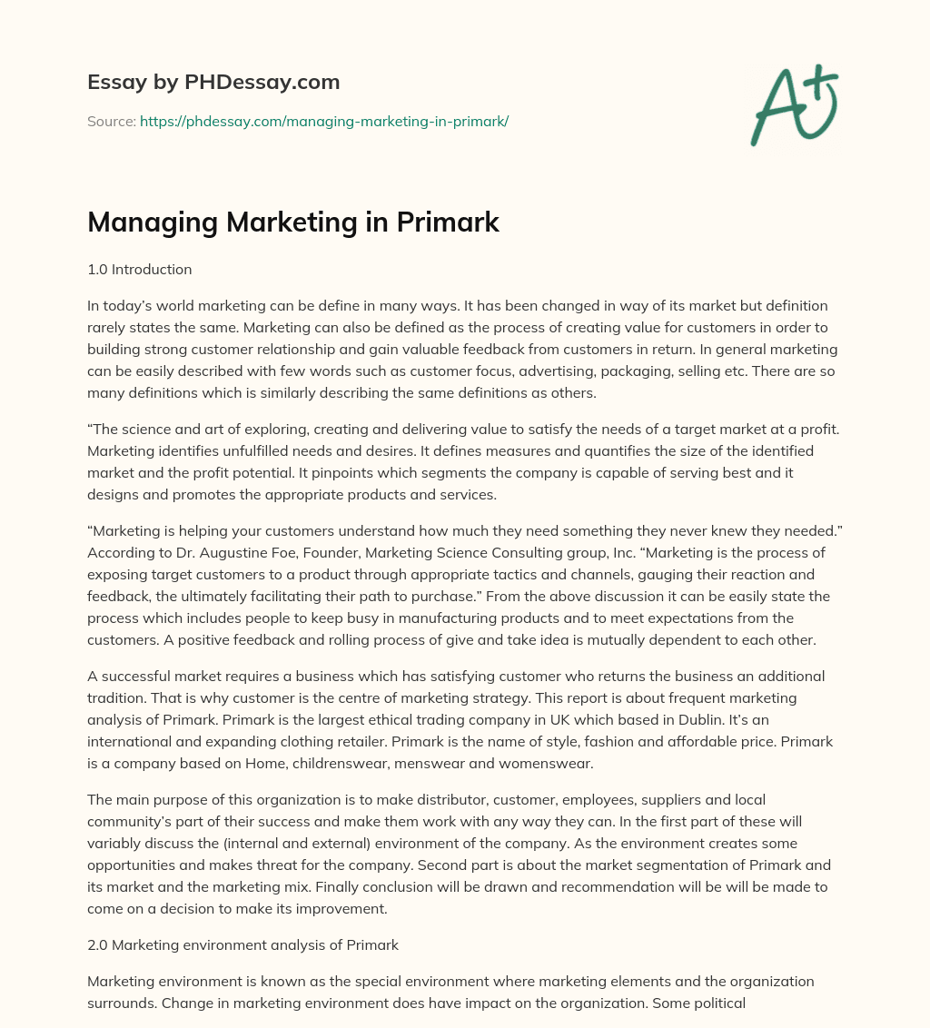 Managing Marketing in Primark essay