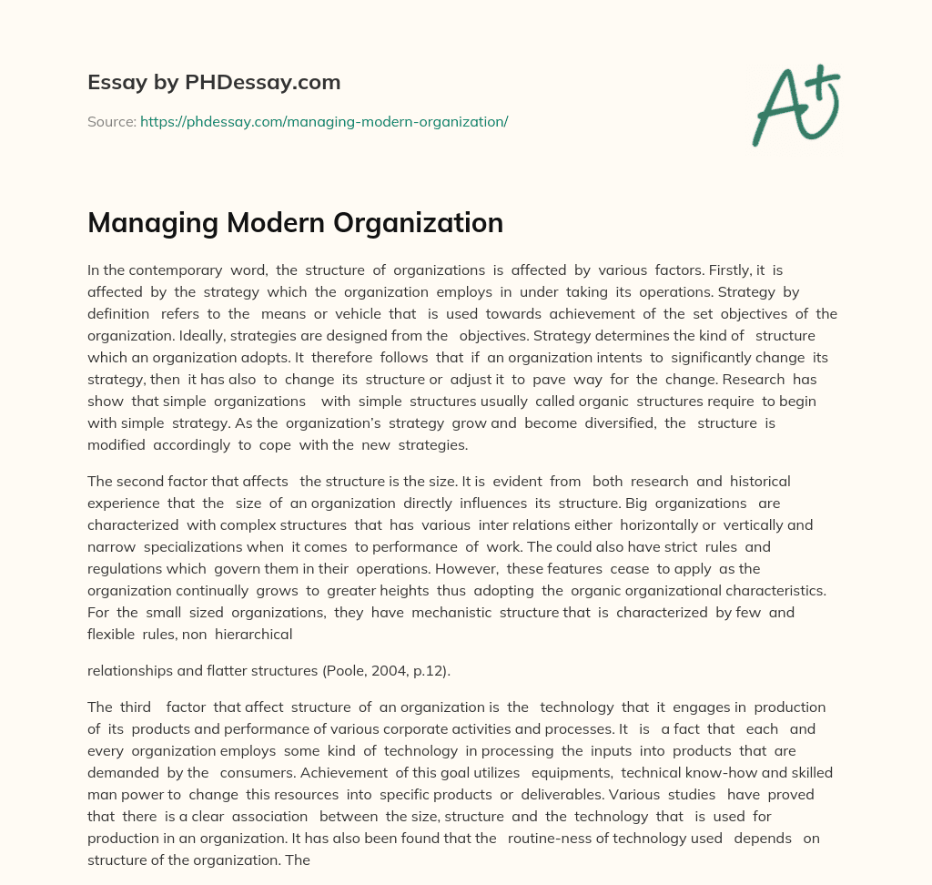 Managing Modern Organization essay