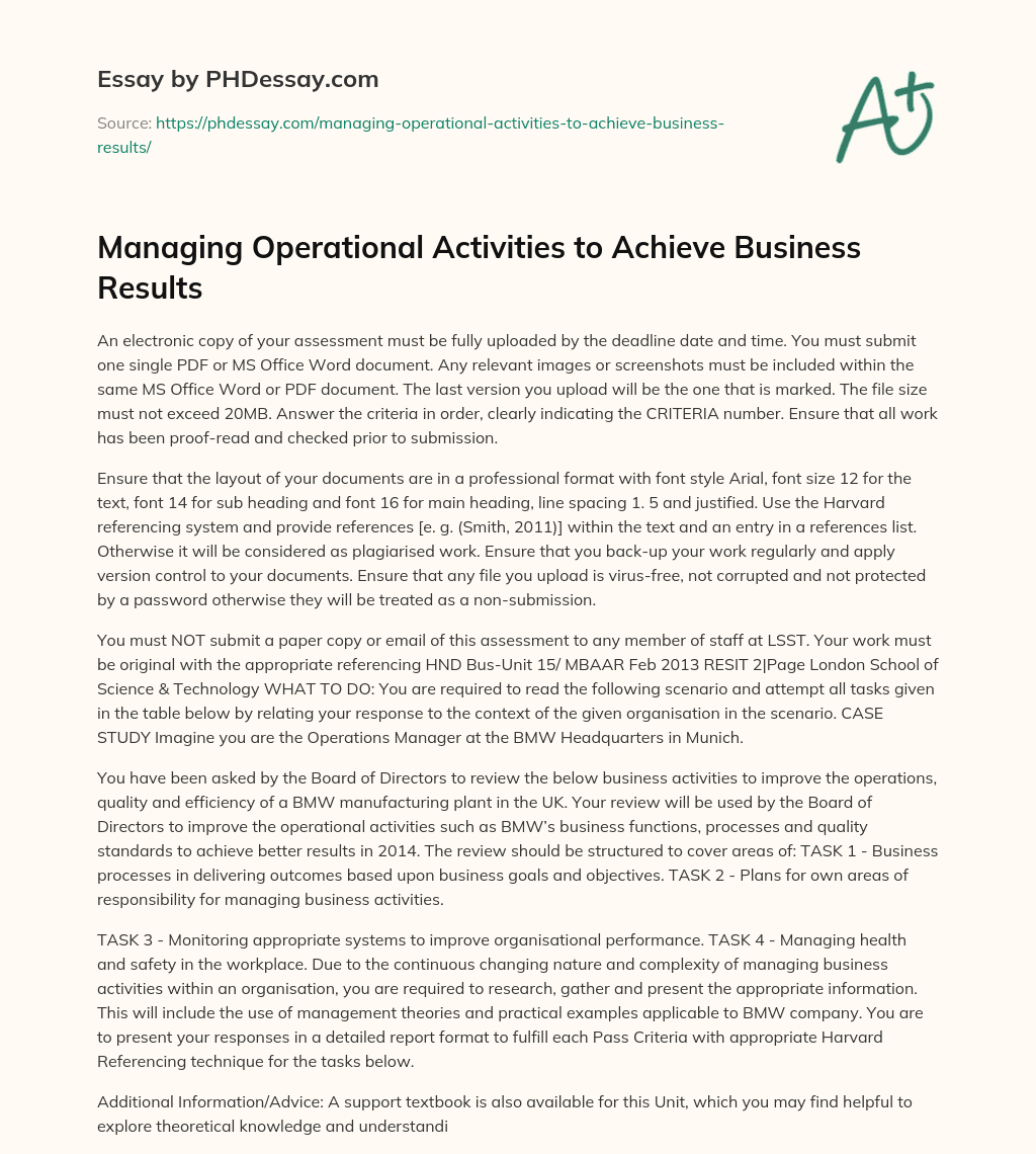 Managing Operational Activities to Achieve Business Results essay