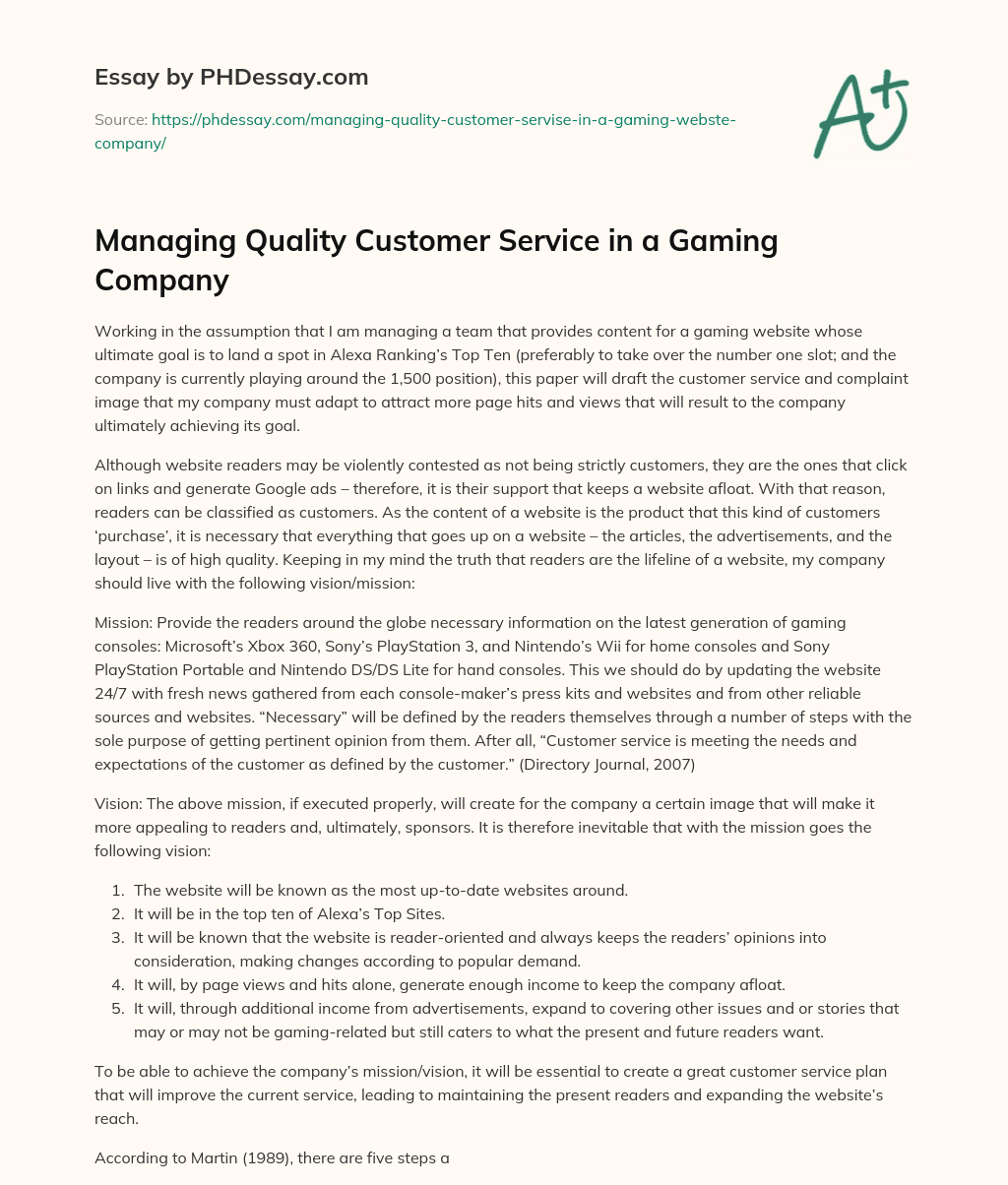 Managing Quality Customer Service in a Gaming Company essay