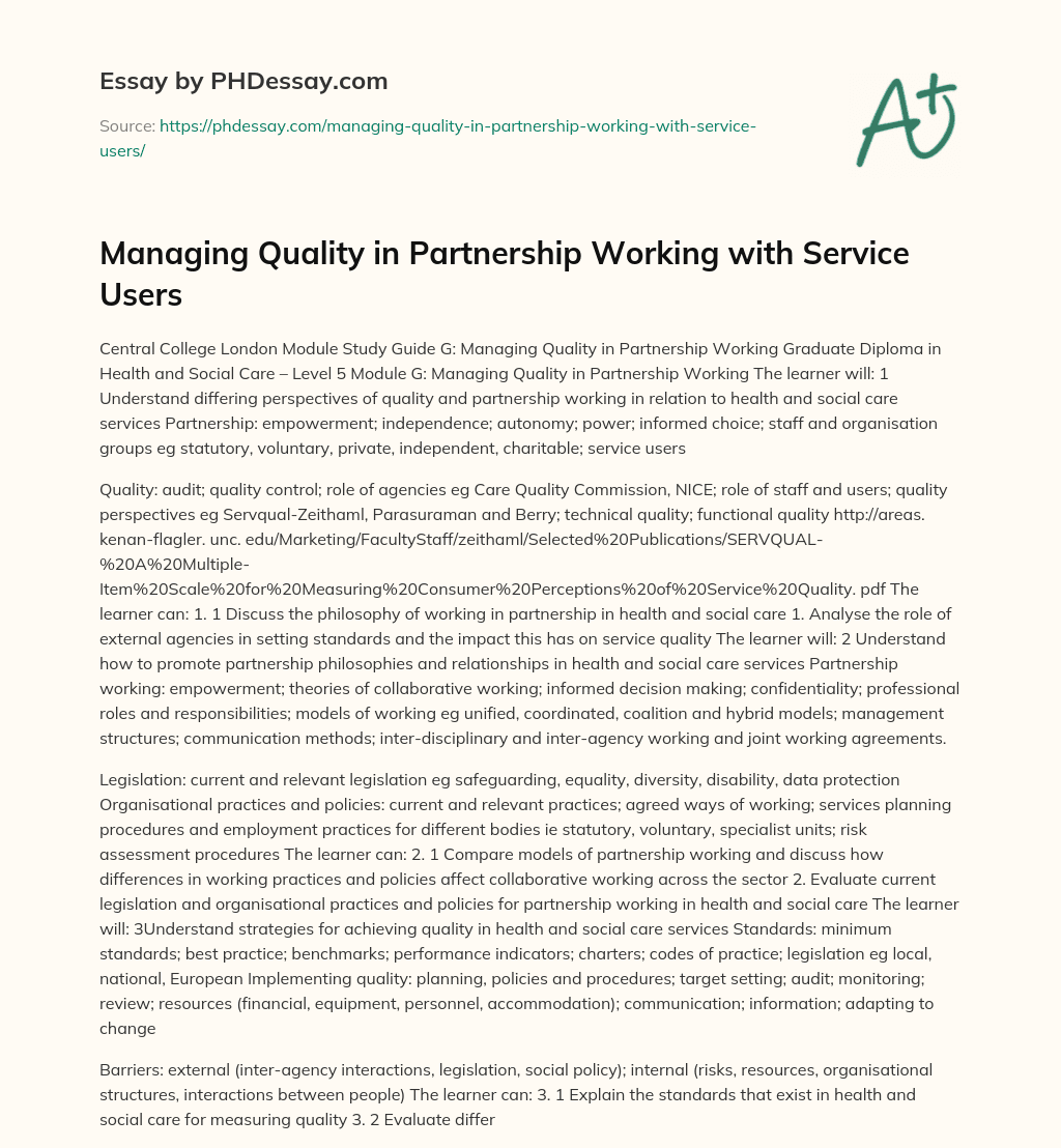 Managing Quality in Partnership Working with Service Users essay