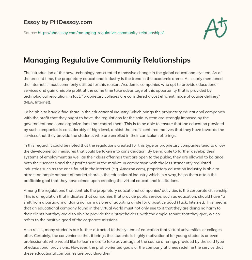 Managing Regulative Community Relationships essay