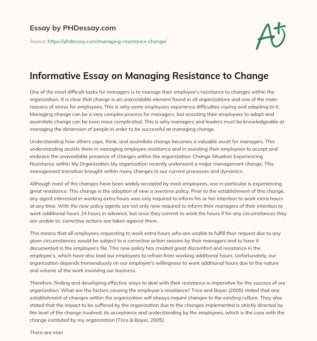 Informative Essay on Managing Resistance to Change essay