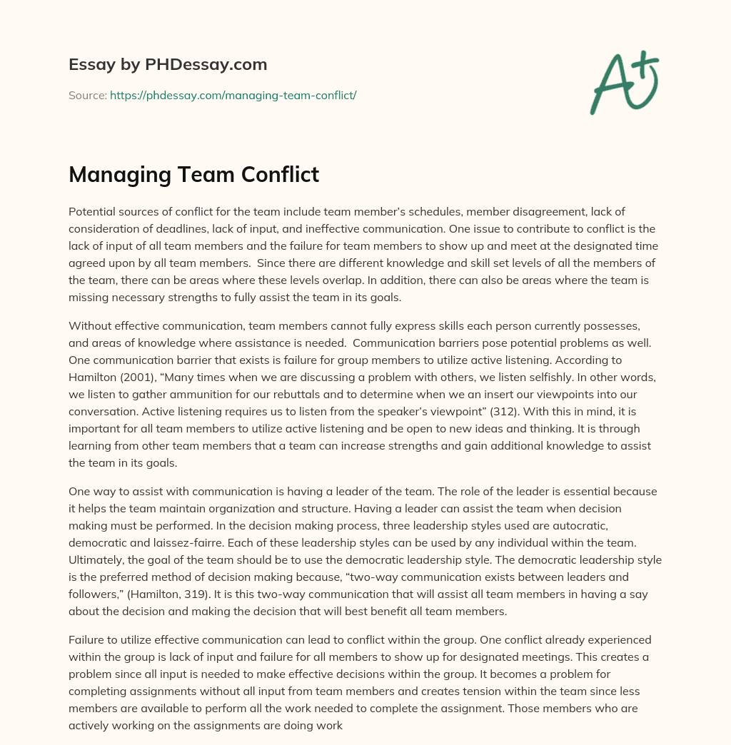 Managing Team Conflict essay