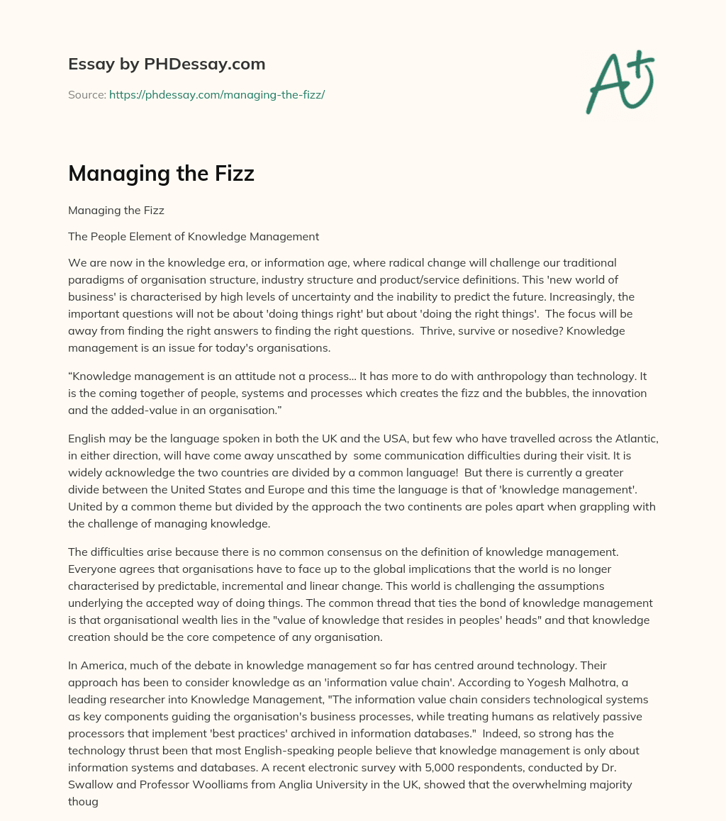 Managing the Fizz essay