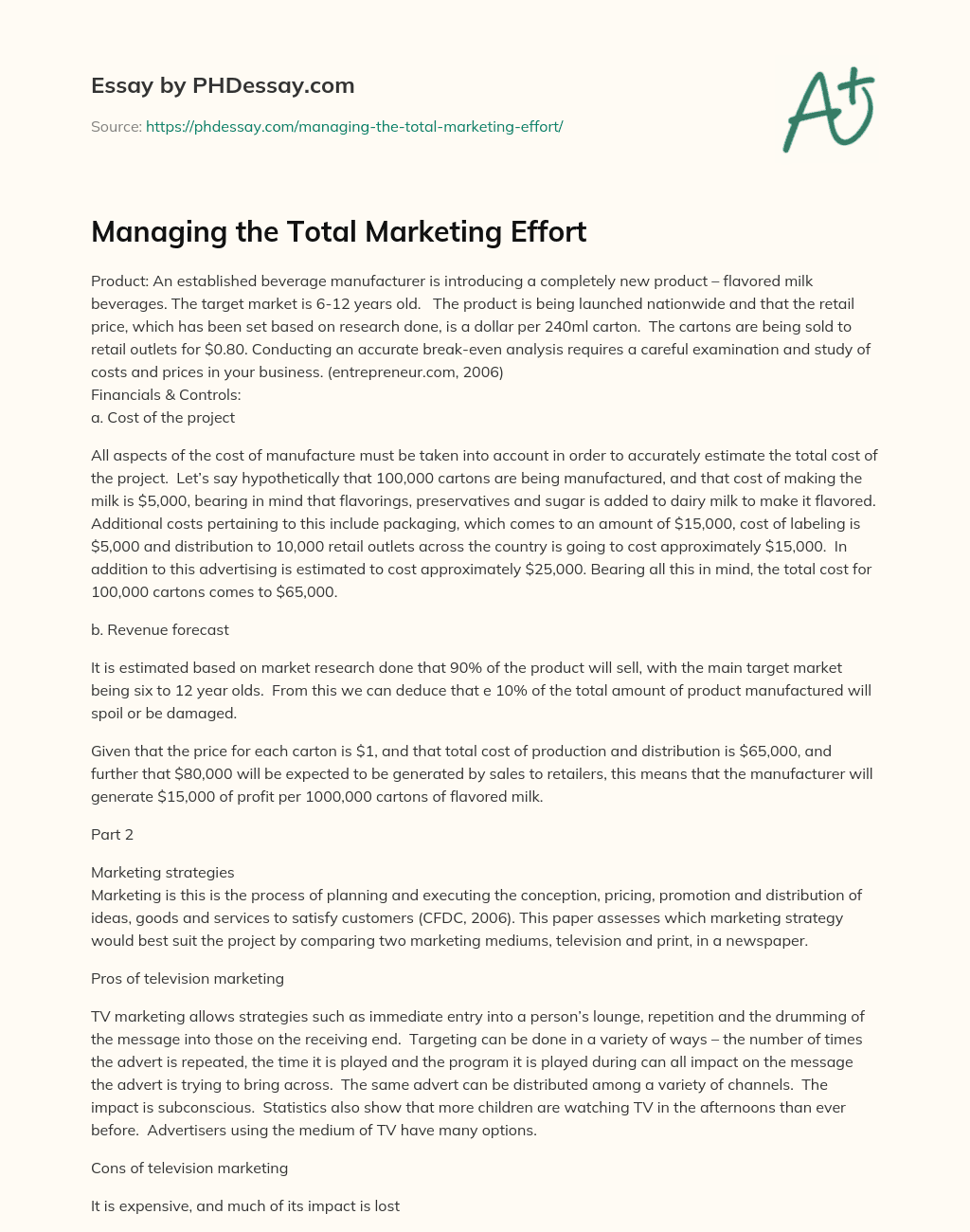 Managing the Total Marketing Effort essay