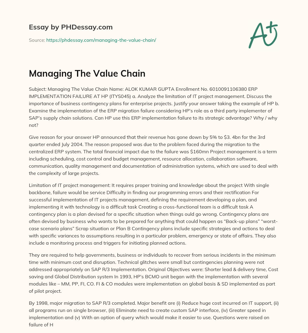 Managing The Value Chain essay