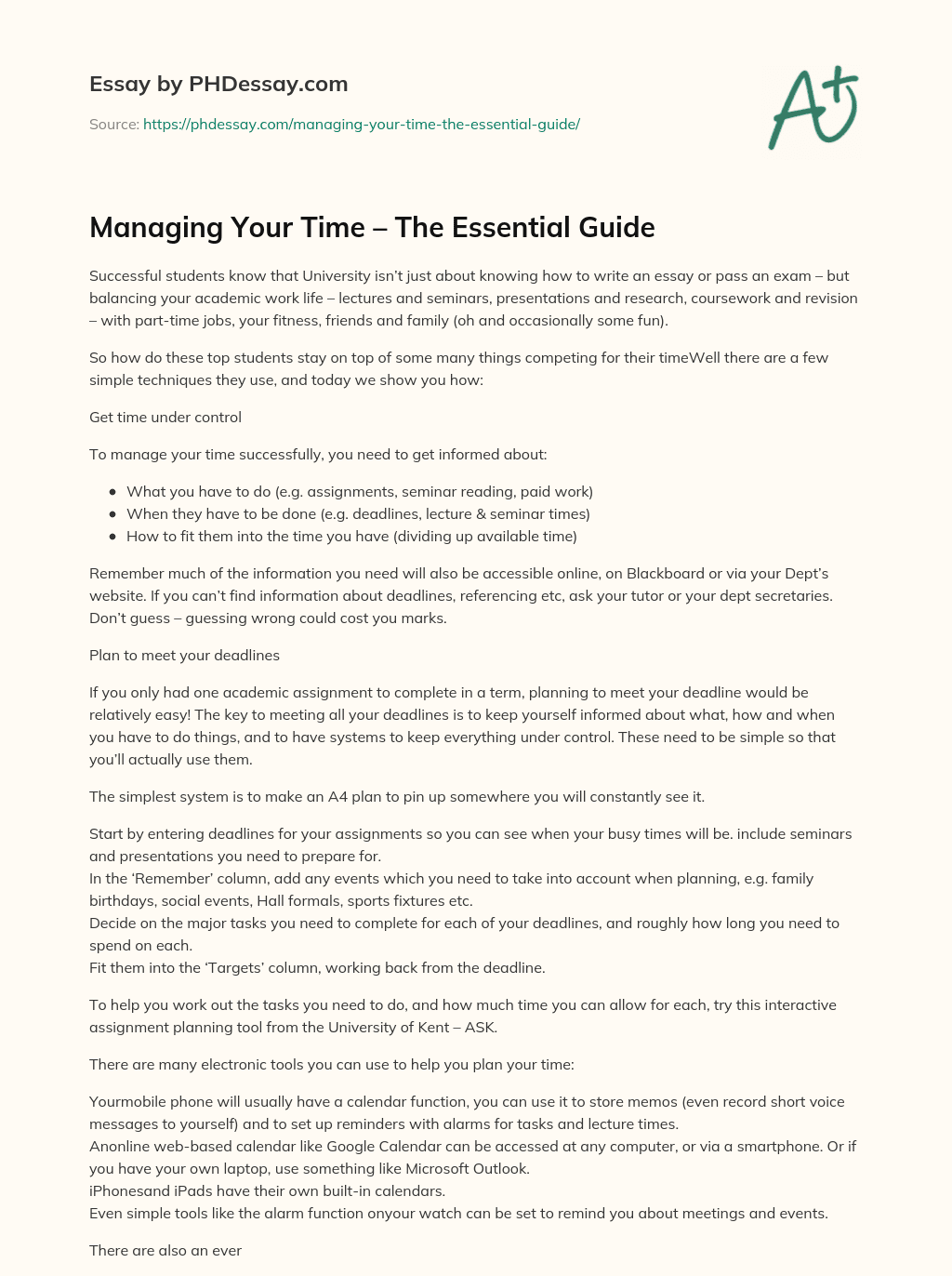 Managing Your Time – The Essential Guide essay