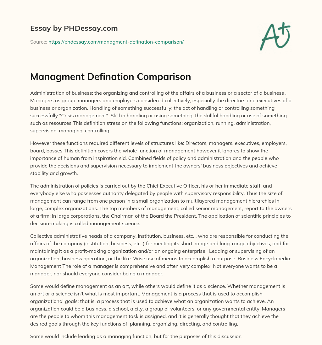 Managment Defination Comparison essay