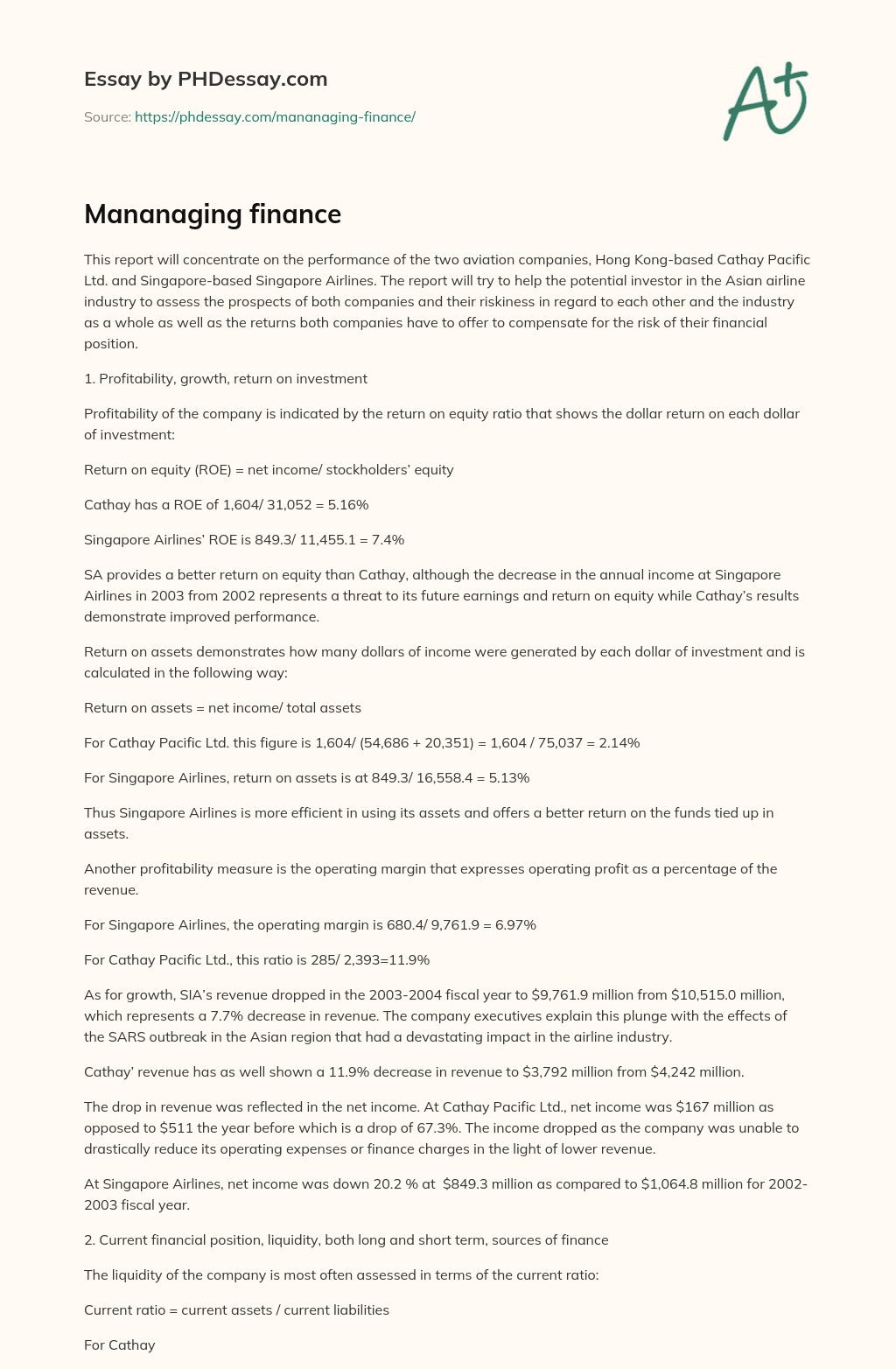 Mananaging finance essay