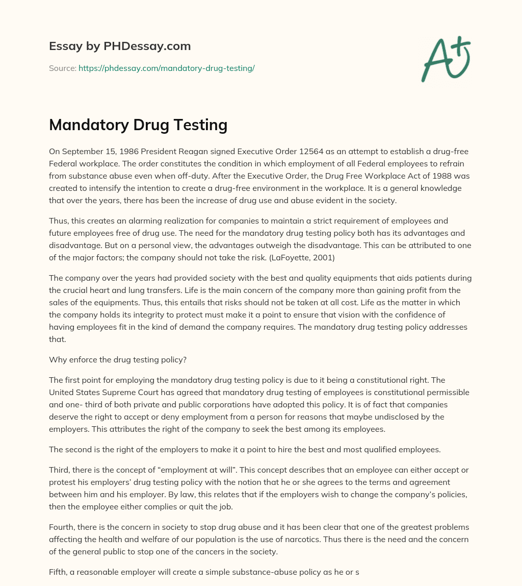mandatory drug testing essay