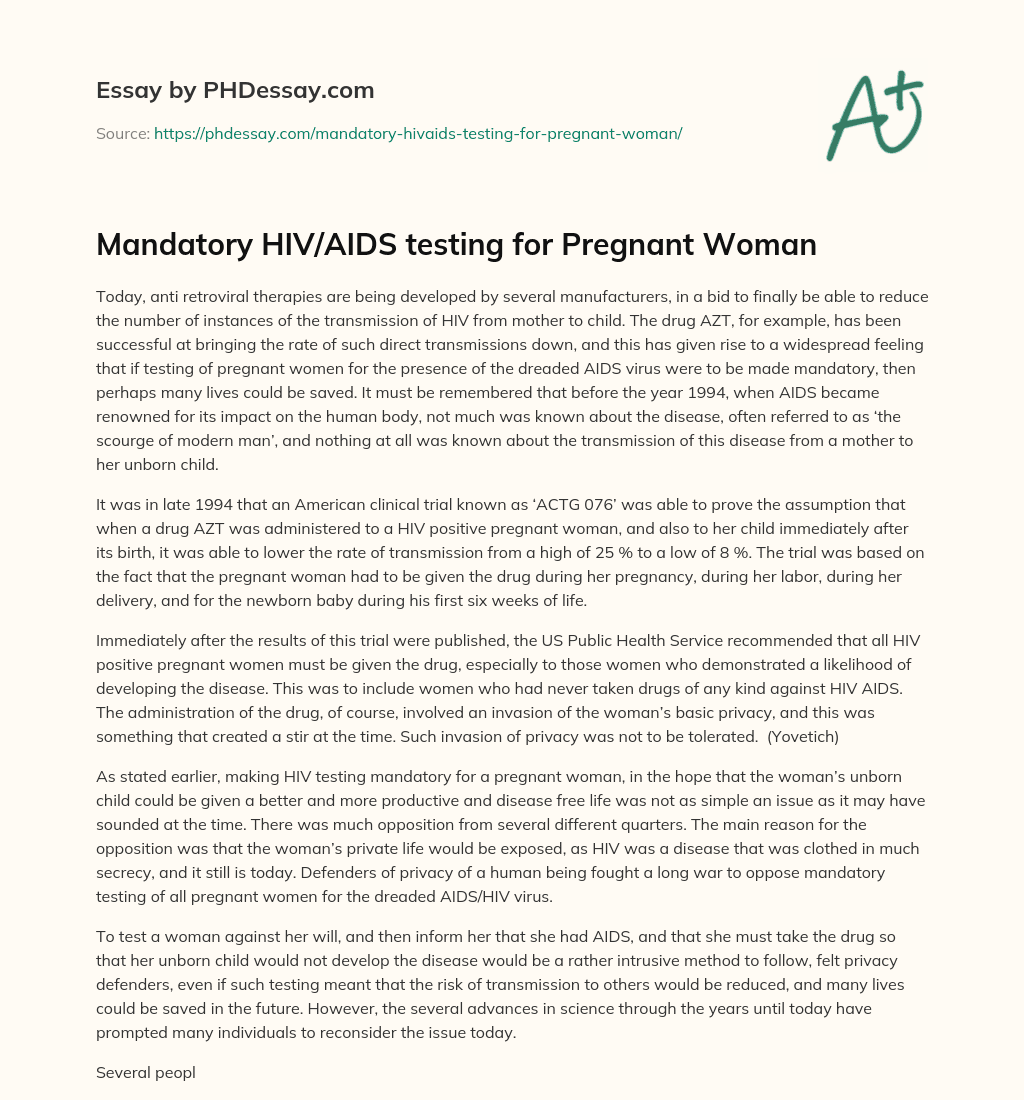 Mandatory HIV/AIDS testing for Pregnant Woman