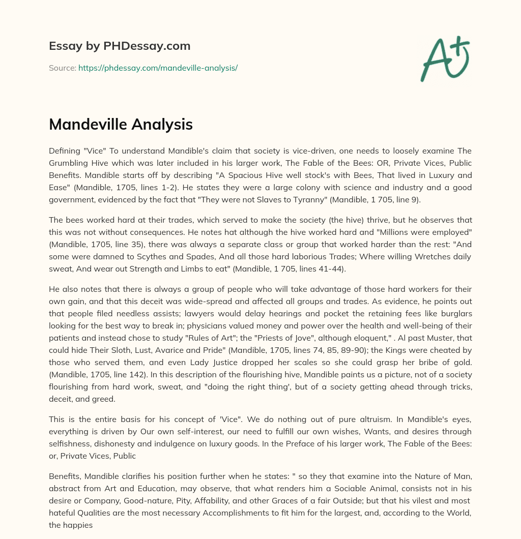 Mandeville Analysis essay