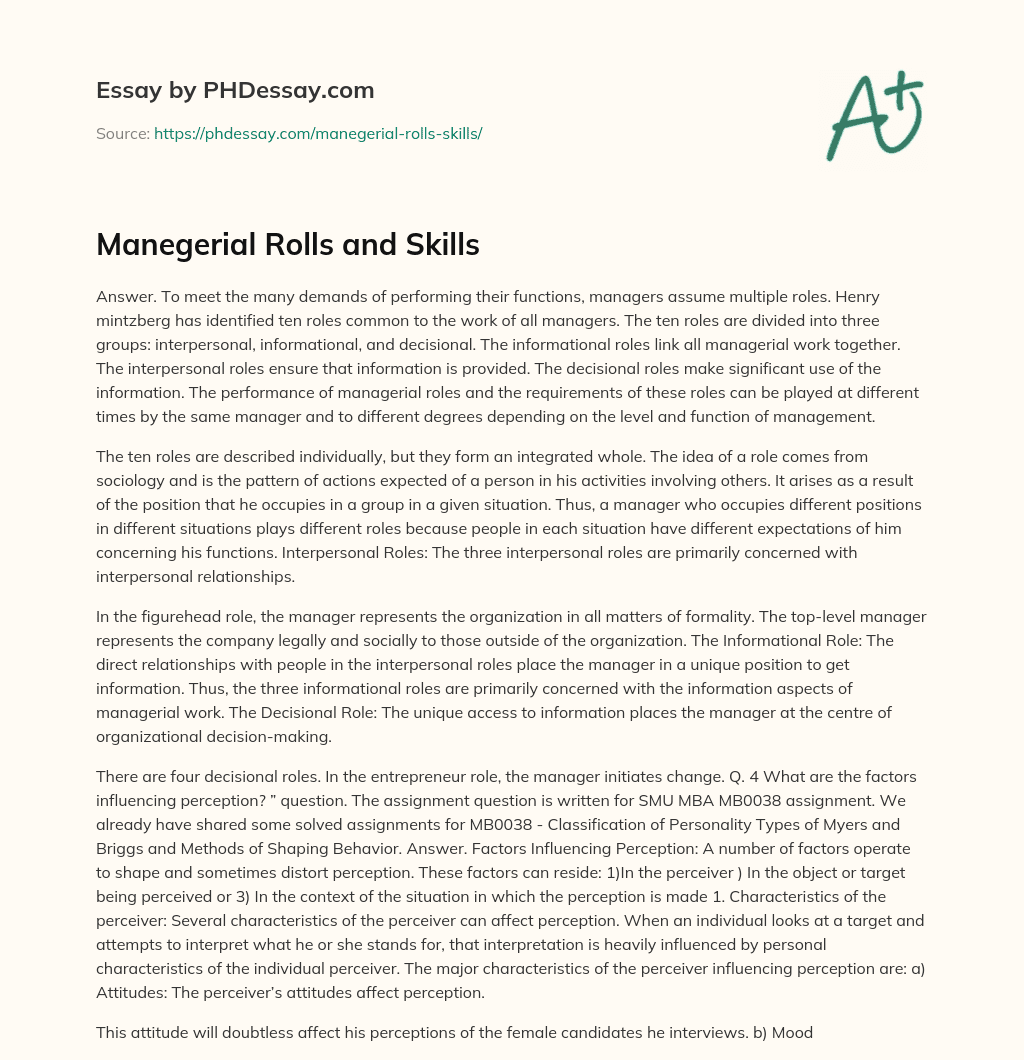 Manegerial Rolls and Skills essay