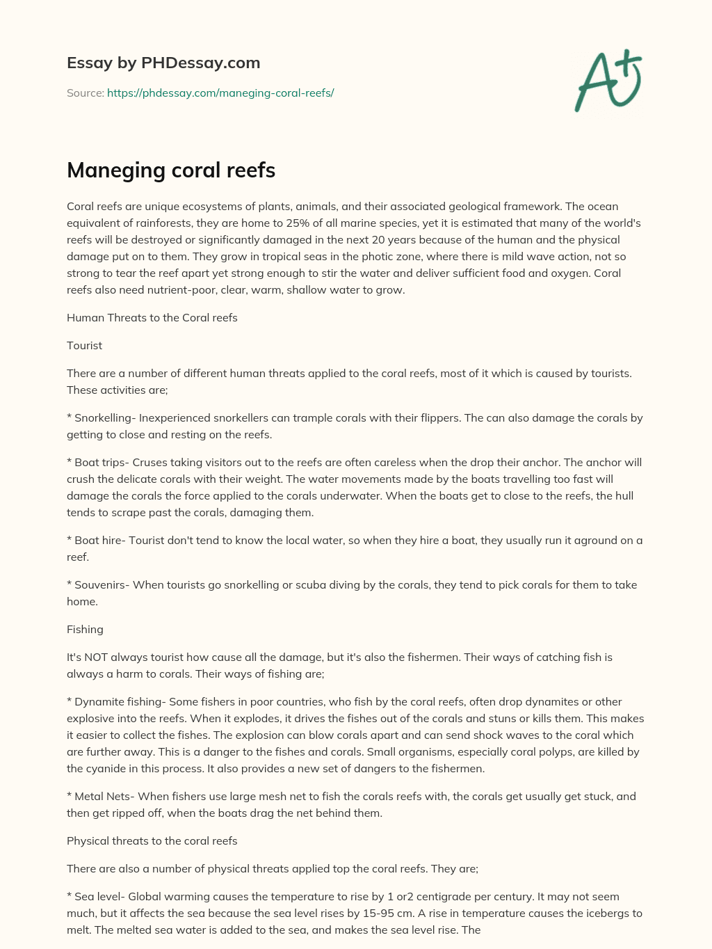Maneging coral reefs essay