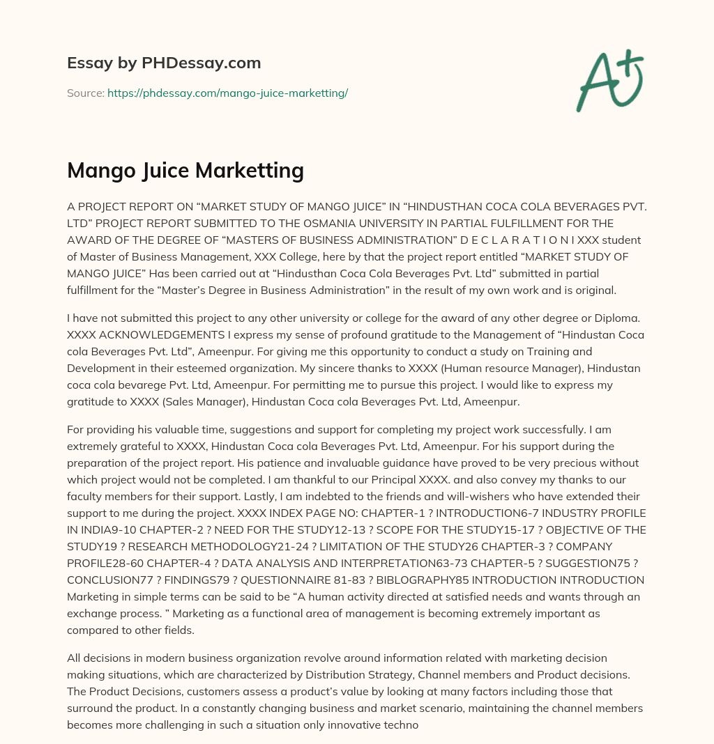 Mango Juice Marketting essay