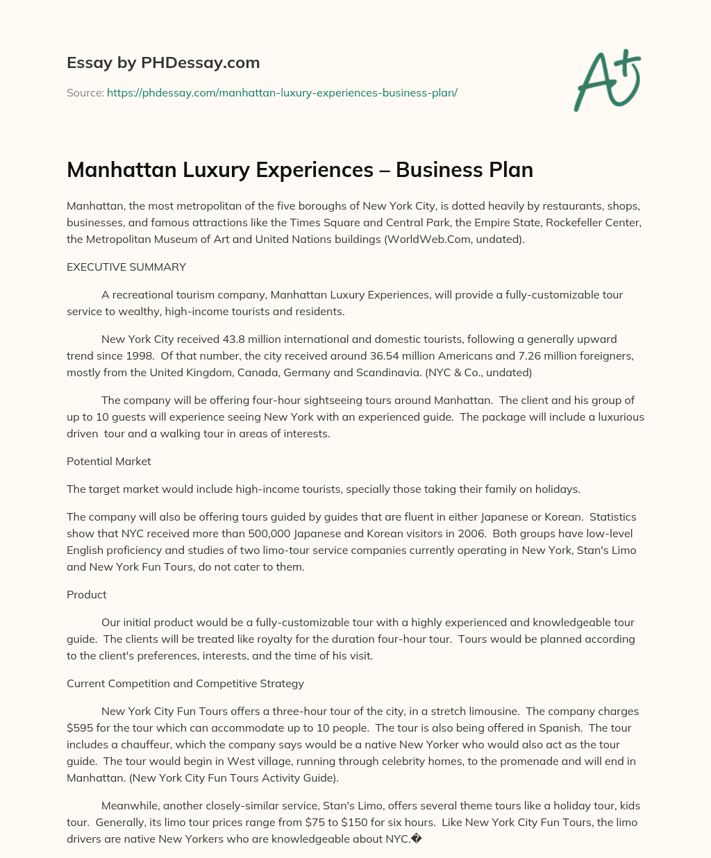 Manhattan Luxury Experiences – Business Plan essay