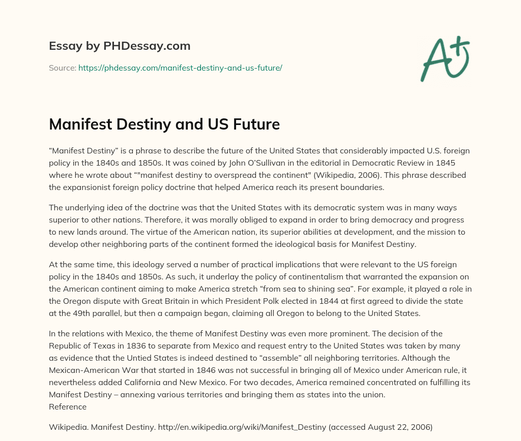 Manifest Destiny and US Future essay